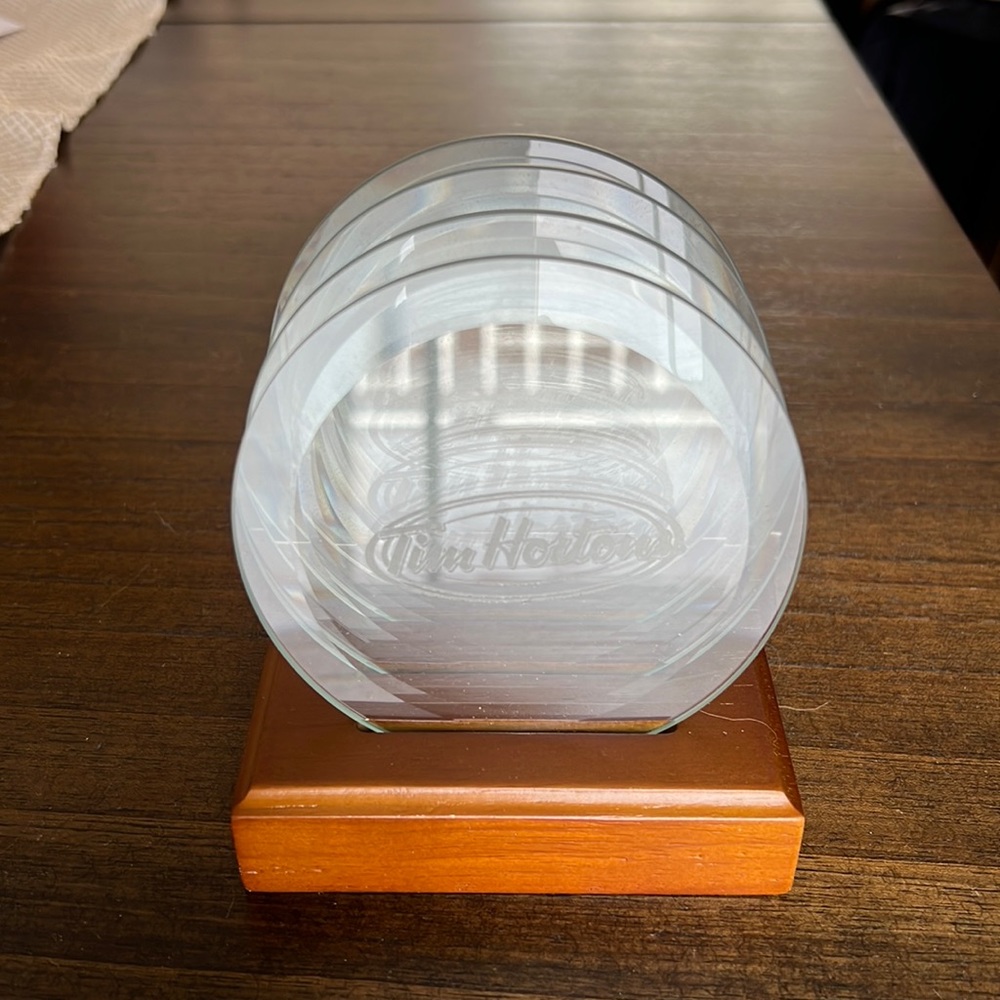 Tim Hortons Glass Coasters with Wooden Stand